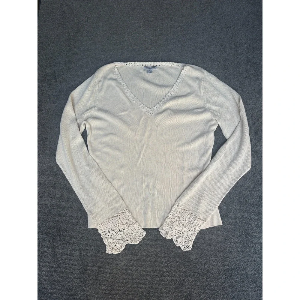 Baldanza Sweater Women's XL Silk Ivory Stretch V-Neck Lace Long Sleeve‎ Pullover
